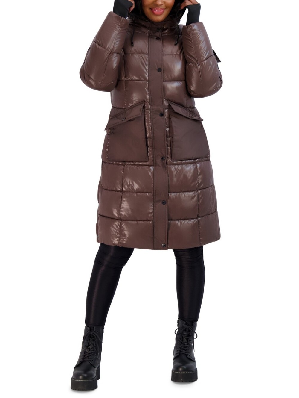 Steve Madden Long Brown Hooded Puffer Coat